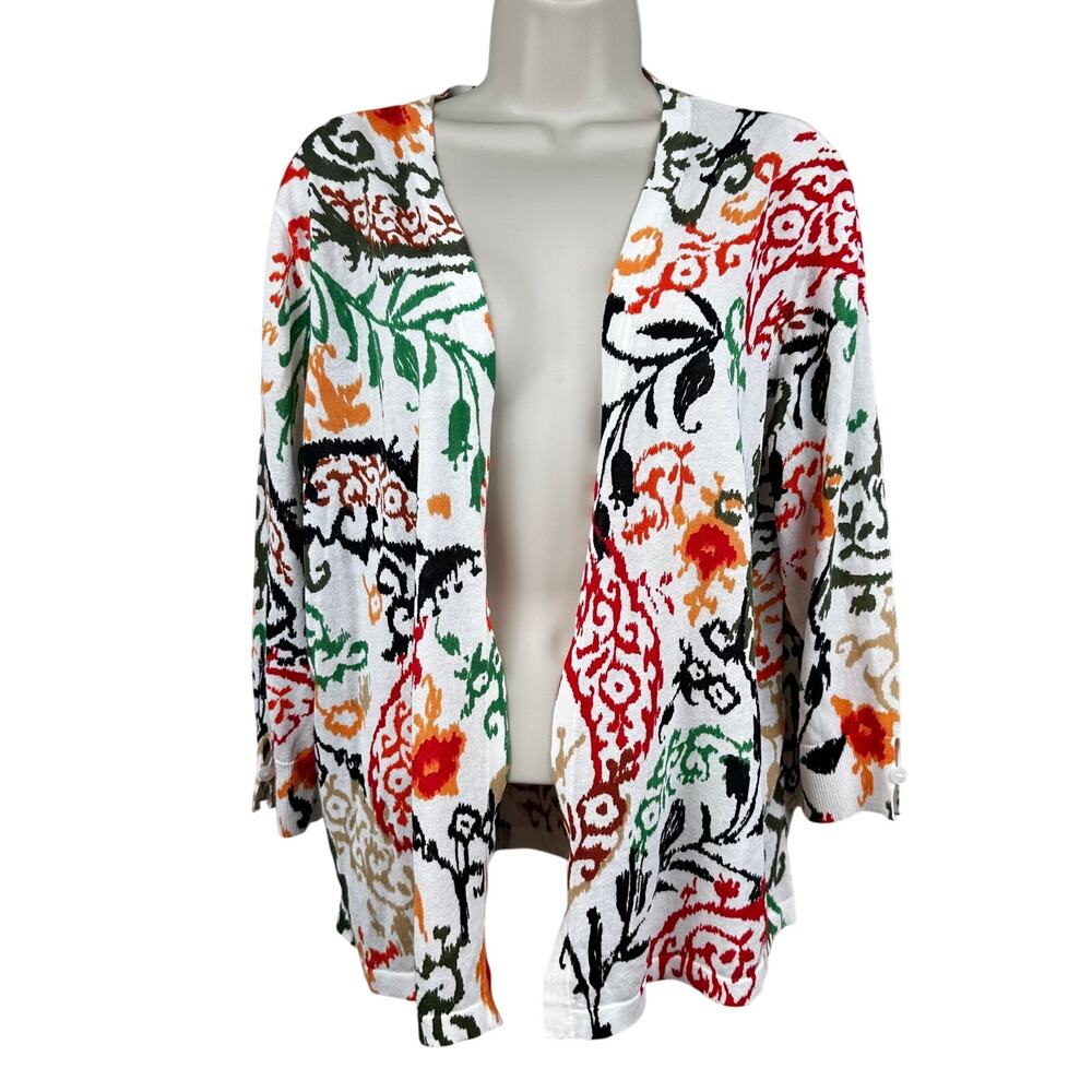 Chico's Open Cardigan Sweater Floral Lightweight 3/4 Sleeve Chicos 3 US XL